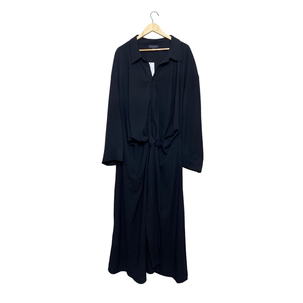 Eloquii Black Front Knot Midi‎ Shirt Dress Long Sleeve Plus Size 28 08306